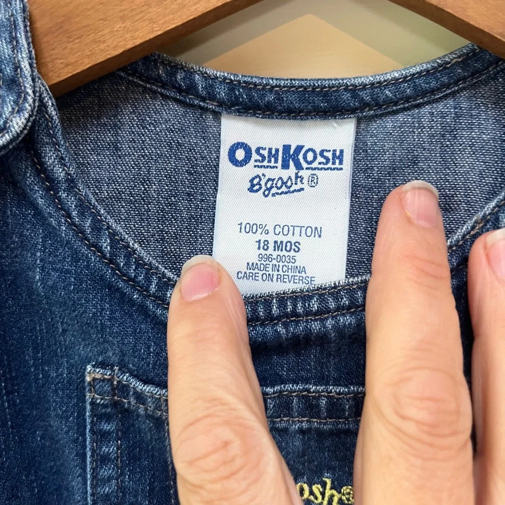 OshKosh Bgosh Vintage Denim Jumper Dress 18M Blue Embroidered Mice Gardening
